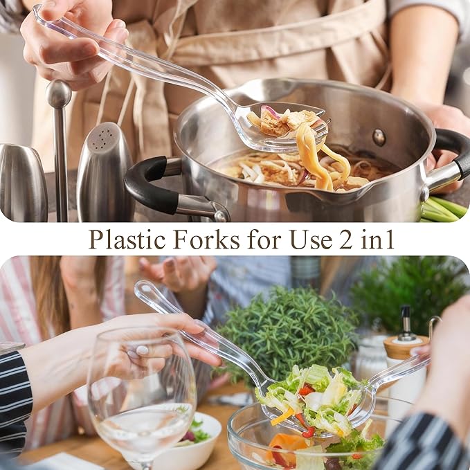 Mwellewm 48Pcs Plastic Serving Utensils 9'' Disposable Serving Spoons for Buffet Clear Forks Serving Tongs Heavy Duty Large Party Utensils Supplies for Restaurant Food Dinner Salad Noodles Soup