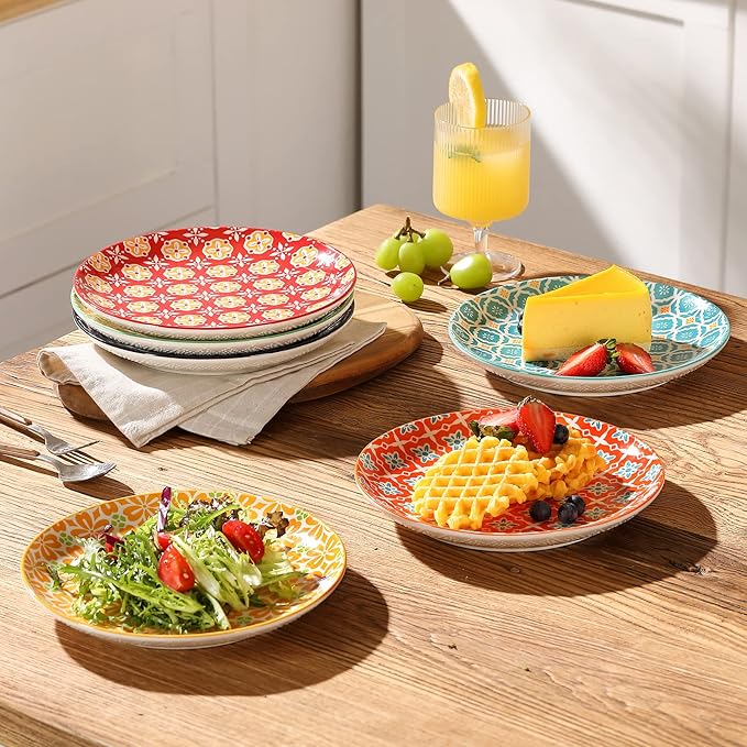 Salad Plates, Dessert Plates 8 Inch, Colorful Ceramic Plate Set for Pasta, Pancakes, Steak, Set of 6, Dishwasher & Microwave Safe