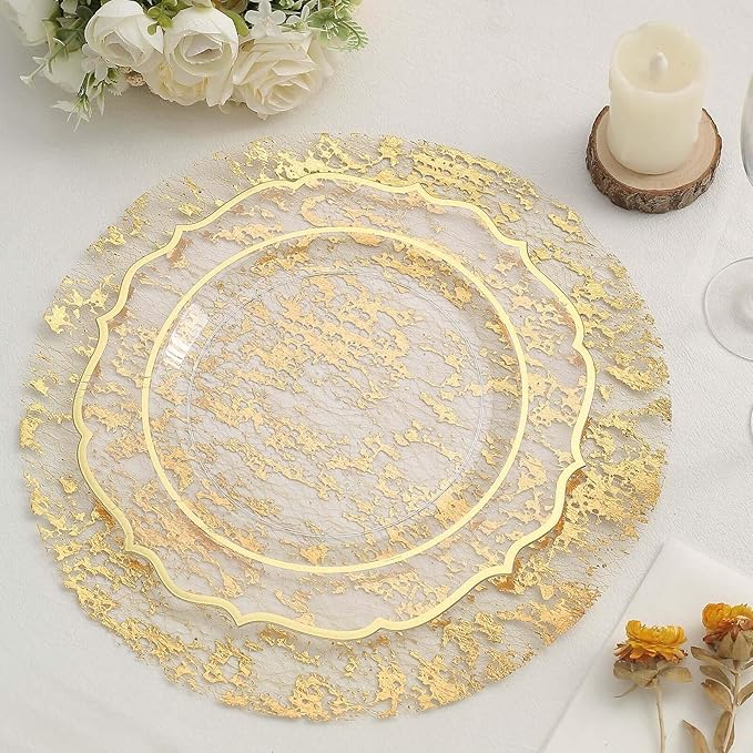 20 Pack 13" Metallic Gold Foil Placemats, Round Shiny and Durable, Disposable Mesh Table Mats for Dining and Parties