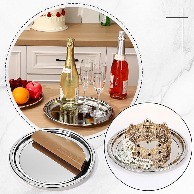 LemonRoad 2 Set Round Silver Mirror Decorative Tray 11.81 Inches Stainless Steel Metal Serving Tray Mirrored Finish Circular Bar Platter with Anti Slip Mat Vanity Kitchen Organizer for Home