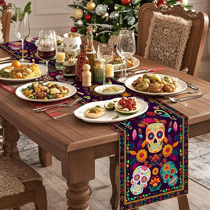 Mexican Skull Flowers Table Runner Seasonal Holiday Kitchen Dining Linen Table Decoration for Indoor Outdoor Home Party Decor 13 x 72 Inch