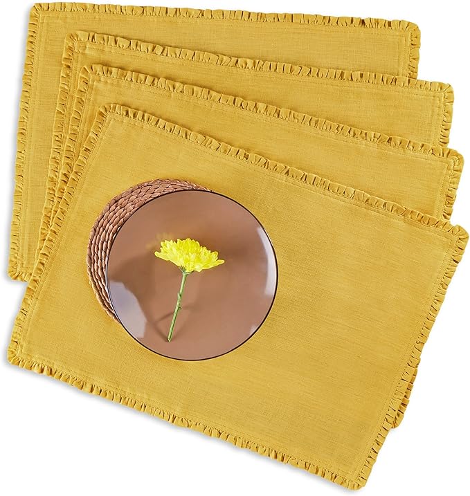Solino Home Mustard Yellow Linen Placemats 14 x 19 Inch - 100% Pure Linen Juliette Ruffle Placemats Set of 4 - Handcrafted and Machine Washable Table Mats