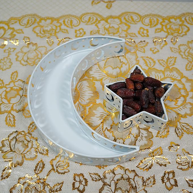 Eid Mubarak Moon Star Tray, Ramadan Decoration Ramadan Trays, Muslim Wooden Plate Tray Moon Star Shaped Food Fruit Serving Tray, Eid Mubarak Dessert Tray for Ramadan Festival Party(Silver A1)