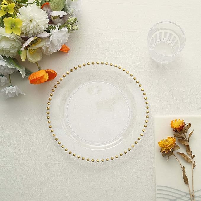 10" Dinner Plates - Set of 30 - Plastic Clear/Gold Round Disposable Plate Beaded Rim, Ideal for Decoration Party Wedding Bulk Events