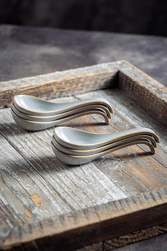 LYEOBOH Ceramic Asian Soup Spoons Set of 6 with Long Handle for Kitchen, Restaurant, Japanese Ramen Spoons with Deep Hook Design, Dishwasher & Microwave Safe, Gray