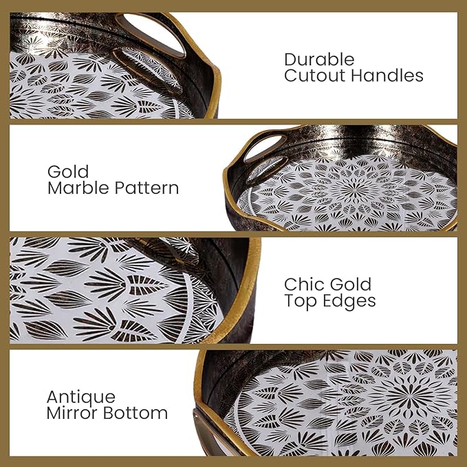 Round Serving Tray with with Handles Antique Look & Stylish Design Decorative Trays for Kitchen Round Ottoman Tray for Dinning Living Room & Home Decor Pack of 2 (Black-Gold)
