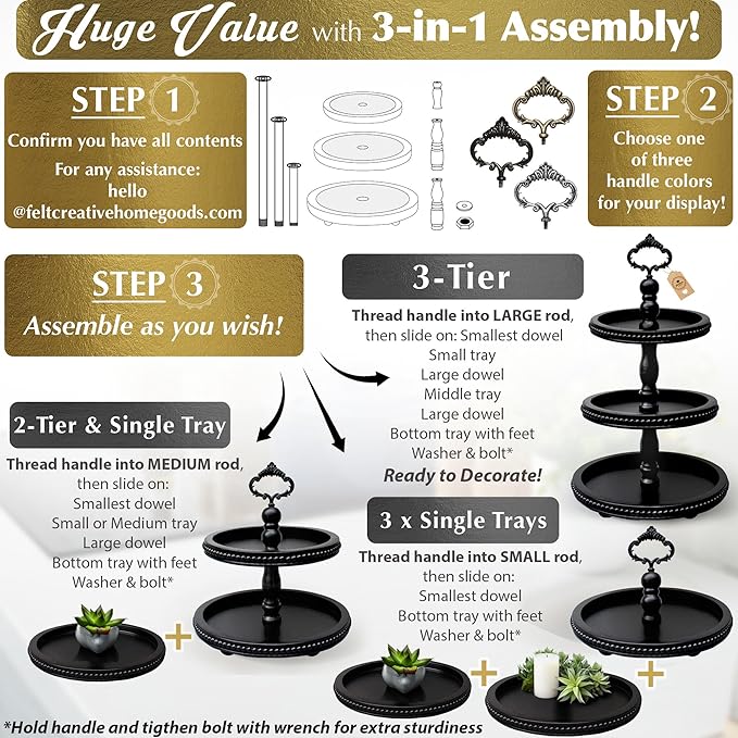 [3-in-1] Wooden Tiered Tray Stand - Beaded 3 Tiered Tray Decor Wood Cupcake Stand for Farmhouse Country Rustic Home - 3 Tier Stand [with 3 Changeable Handles] by Felt Creative Home Goods (Black)