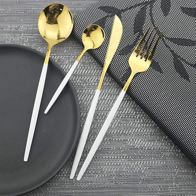 JASHII 24 Piece Titanium White And Golden Plated Stainless Steel Flatware Set, White Handle With Golden Mouth Silverware Set White And Golden Cutlery Set Service for 6 (Handle White,Shiny Golden)