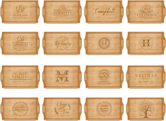 Personalized Bamboo Wood Serving Tray with Handles, Engraved Wooden Trays, Wedding Gifts, Housewarming Gifts (Bennetts)