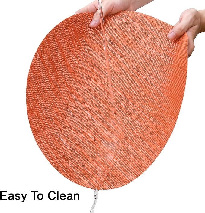 Round Placemats Set of 6 Heat Resistant Vinyl Placemats 15 inch Washable Non-Slip Table Mats Woven Place Mats for Dining Table (Orange, Set of 6)