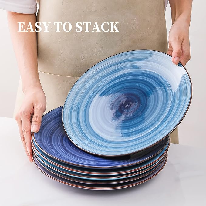 KitchenTour Large Ceramic Dinner Plates, 10 Inch Porcelain Serving Plate for Salad, Dessert Pizza Steak Pasta Plates Set, Dishwasher and Microwave Safe - Set of 6, Assorted Cool Colors
