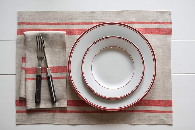 Solino Home Linen Placemats Set of 4 - French Stripe Red and Natural Placemats 14 x 19 Inch - 100% Pure Linen Table Mats for Christmas, New Year