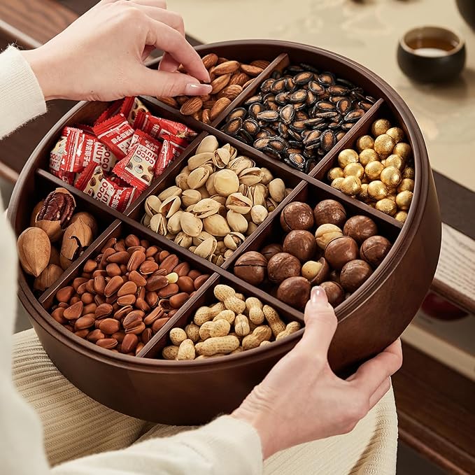 12" Wooden Serving Tray with Lid, 360° Rotating Snack Try, 9 Compartments, Platter Organizer for Snacks, Candy, Nuts, Chips, Tray for Party, Family Dinner and Holidays
