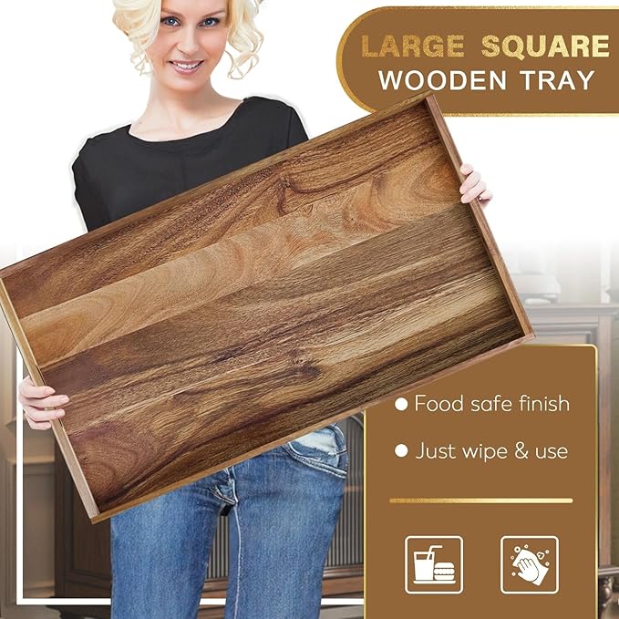 MAONAME Extra Large Ottoman Tray, 32 x 18 inches Wooden Serving Tray for with Handles, Acacia Wood Serving Platter Trays for Living Room, Breakfast