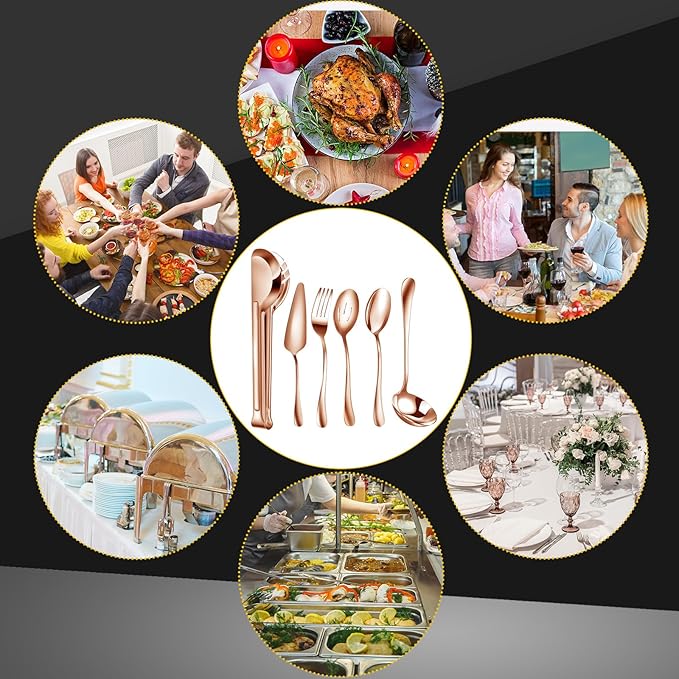 Thenshop 30 Pcs Stainless Steel Serving Utensils Set Flatware Set Include Large Serving Spoons Slotted Spoons Forks Soup Ladle Pie Server and Tongs for Buffet Party(Rose Gold)