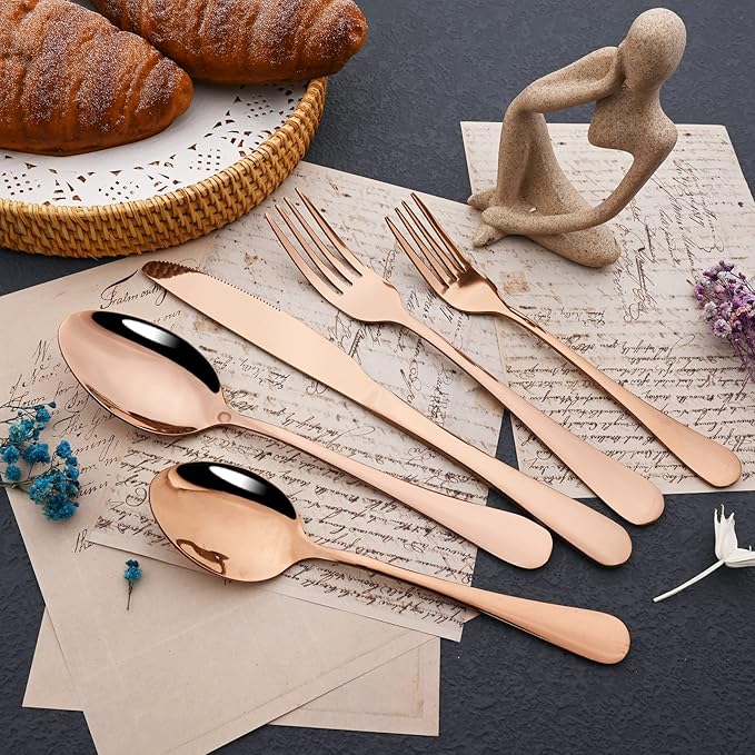 JASHII 25-Piece Fork Spoon Knife Silverware Set with Serving Utensils for 4, Food Grade Stainless Steel Flatware Cutlery Set for Home and Restaurant, Dishwasher Safe - Shiny Rose Gold