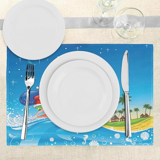 Ambesonne Christmas Place Mats Set of 4, Surfing Santa on a Wave with Sack at The Beach Tropical Night Fantasy Cartoon, Washable Fabric Placemats for Dining Table, Standard Size, Blue