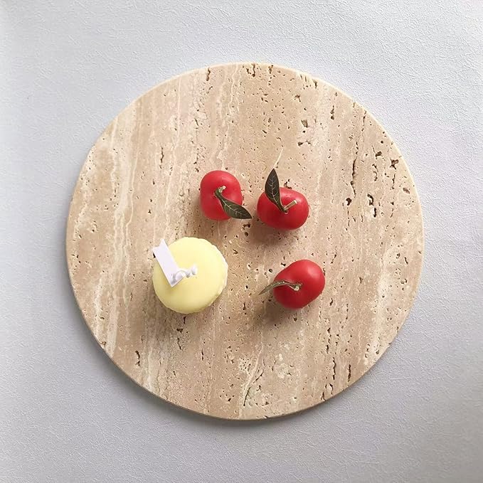Natural Round Marble Tray Smooth Pastry Board for Desserts, Cheese, Coffee, Matte on Both Sides (Beige Travertine)