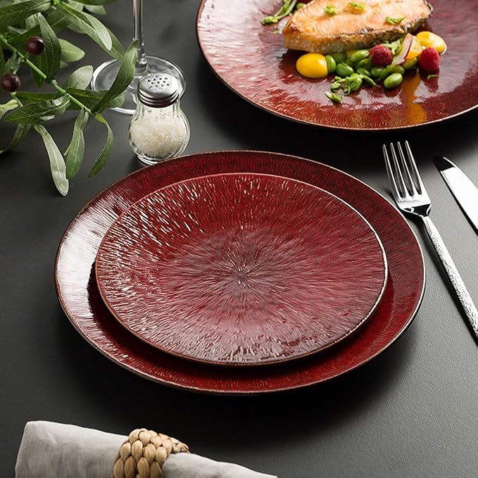 Ceramic Appetizer Plates, Modern Red Round Shallow Plate, Tableware for Appetizers Desserts Pasta, Smooth Glazed, Wedding Birthday Party(Size:26.5 * 26.5 * 2.5CM,Color:B)