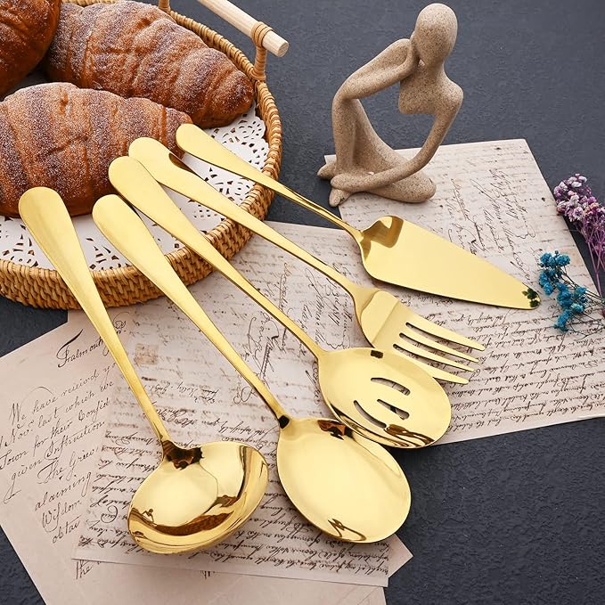 JASHII 25-Piece Fork Spoon Knife Silverware Set with Serving Utensils for 4, Food Grade Stainless Steel Flatware Cutlery Set for Home and Restaurant, Dishwasher Safe - Shiny Gold