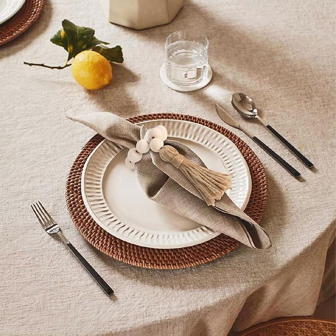 Meplait 6-Piece Wooden Bead Napkin Rings - Farmhouse Stretchable Napkin Rings with Tassel Boho Design for Dining Table & Wedding Decoration (Gold)