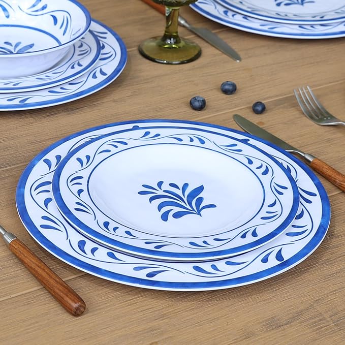 Melamine Dinnerware Sets 12 Pcs, Melamine Plates and Bowls,Party Plates and Bowls Sets, Camping Dishes Set for 4, Unbreakable, BPA Free, Dishwasher Safe （Blue water drop flower）