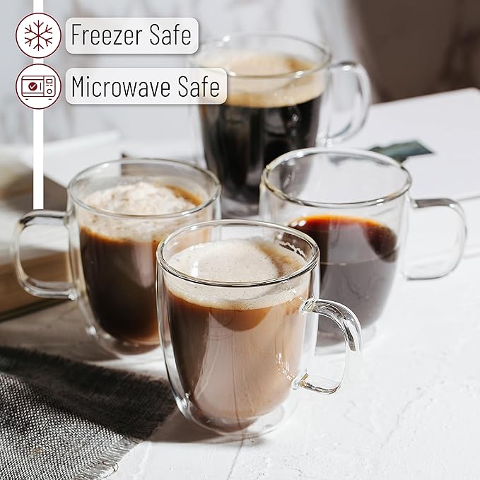 BTaT- Double Wall Glass Coffee Mugs, 12 oz, Set of 4, Clear Latte Cups, Insulated, Christmas Gifts