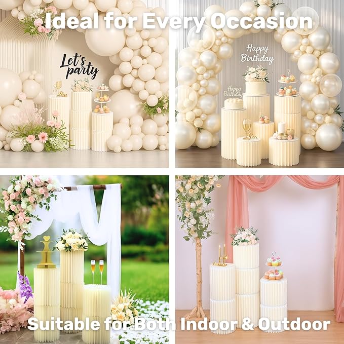 Stacking-Block Design Cake Stands for Party, Customizable Height, Sturdy Cardboard Column with Acrylic Plate, Reusable Round Cylinder Stands for Party for Birthday, 9PCS, Milky White