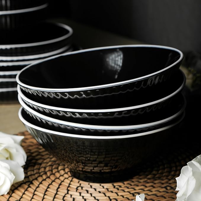 Christian Siriano Lustra Modern 32-Piece Stoneware Dinnerware Set, Plates and Bowls Set, Dinner and Salad Plates, Ramen Bowls, Dishes for 8, Black