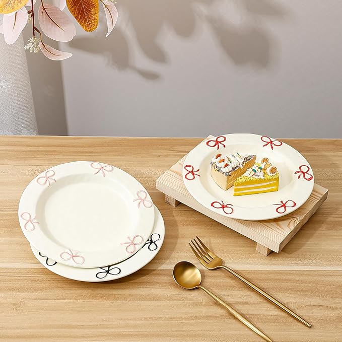 Koythin 8-inch Ceramic Dinner Plates with Bow Design, Microwave Safe - Modern Rustic Serving Dishes for Pasta, Salad, Dessert, Fruits & Appetizers (Red)