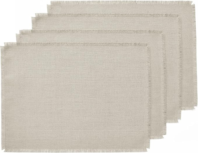 Solino Home Linen Natural Placemats Set of 4-100% Pure Linen Placemats 14 x 19 Inch for Christmas, Holiday, New Year - Fringe