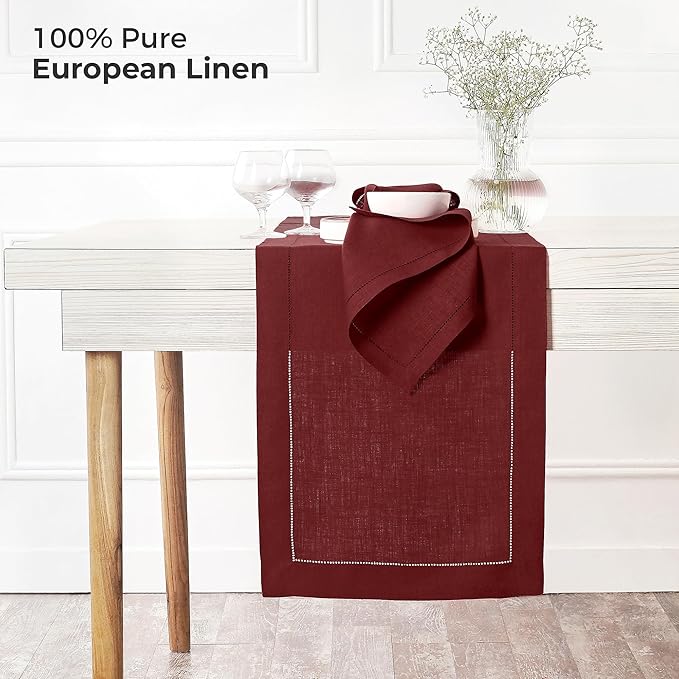D'Moksha Homes Linen Dark Red Table Runner 132 Inches Long - 100% Pure Linen Extra Long Table Runner 14 x 132 Inch for Winter, Christmas, Holiday, New Year - Classic Hemstitch