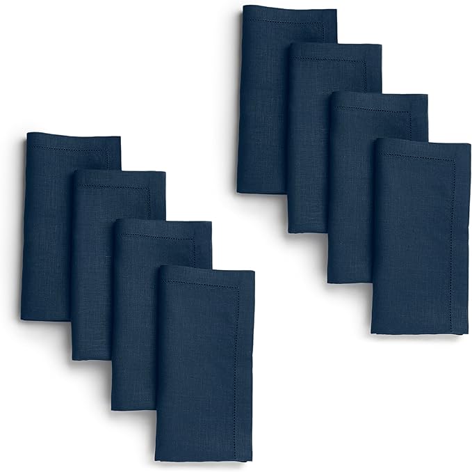 D'Moksha Homes Navy Blue Linen Napkins Set of 8 - Classic Hemstitch 100% Pure Linen Hemstitch Dinner Napkins 20 x 20 Inch for Winter, Christmas, Holiday, New Year - Handcrafted and Machine Washable