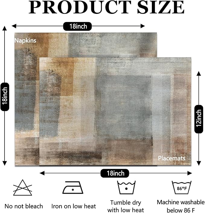 Mcalk 4 Each Brown Placemats and Cloth Napkins Set of 8, Modern Art Placemat, Abstract Grey Cloth Napkin for Home Kitchen Decor (Placemats 18 "x12 Napkins 18 "x18)