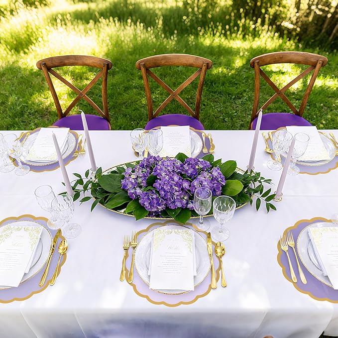 100 Pcs Purple Paper Placemats 13.5 Inch Disposable Scalloped Colorful Pastel Round Table Place Mats with Gold Edges, Decorative Colors Mats for Birthday Wedding Bridal Shower Banquet Tea Party
