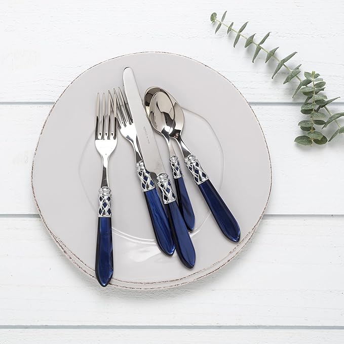 Vietri Aladdin Italian Flatware 18/10 Stainless Steel Brilliant Finish Including Place Knife, Place Fork, Place Spoon, Teaspoon, and Salad Fork (Blue)