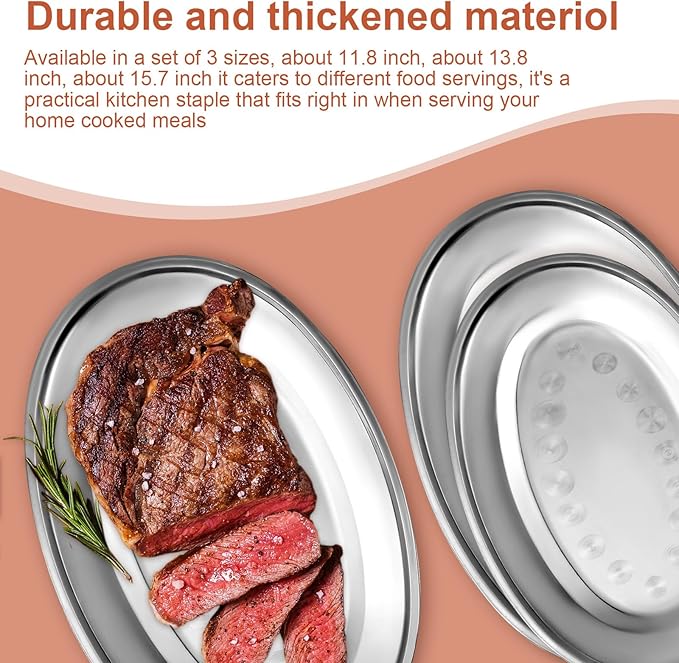 MAQUITA 3 Pcs Stainless Steel Serving Tray Large Oval Platter Set,Oval Serving Set Heavy Duty Metal Serving Tray Large Mirror Polish Sizzle Plate,12 in, 14 in, 16 in