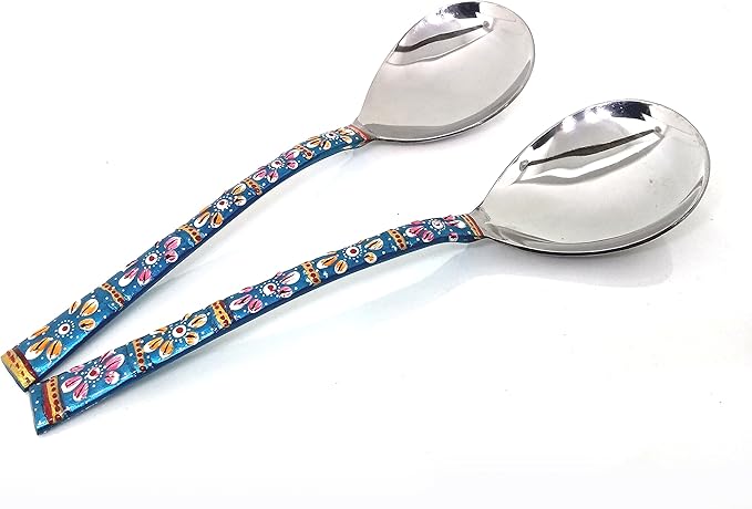 Rastogi Handicrafts Copper Bamboo Hand Painted Meena Work Dinnerware flatware serving spoon utensils Set Of Two (Terquaise)