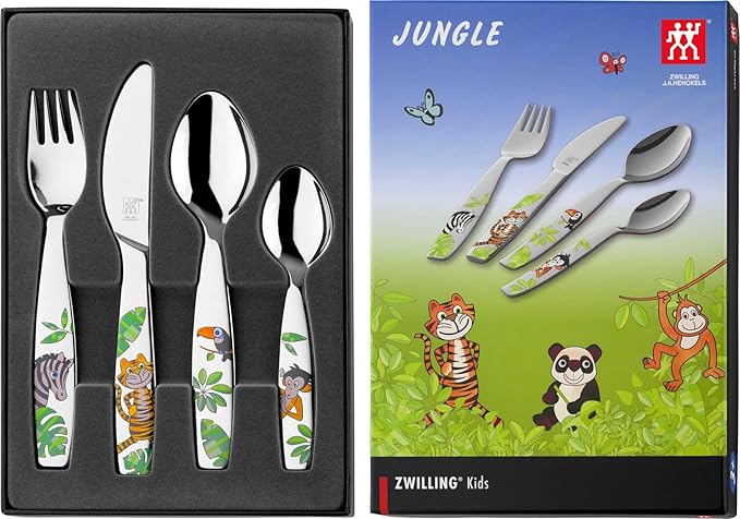 Zwilling 4-Piece Children's Cutlery Set, for Children from 3 Years, 18/10 Stainless Steel, Jungle, Silver