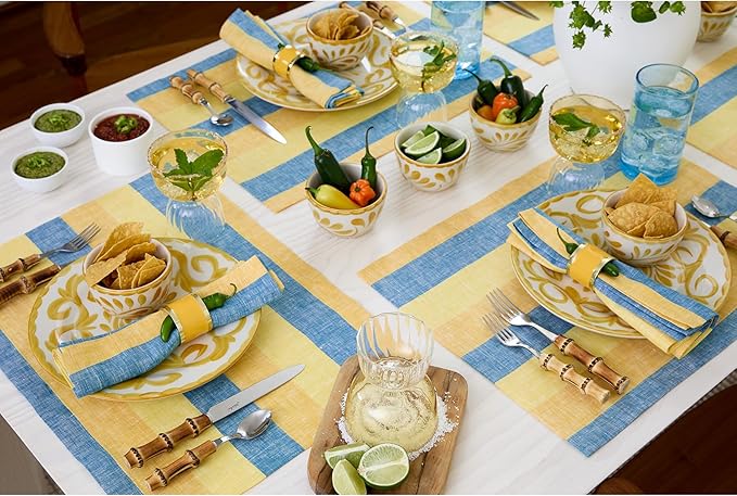 Solino Home Linen Cloth Placemats Set of 4 - Cabana Stripe 100% Pure Linen Bright Summer Stripe Farmhouse Placemats 14 x 19 Inch