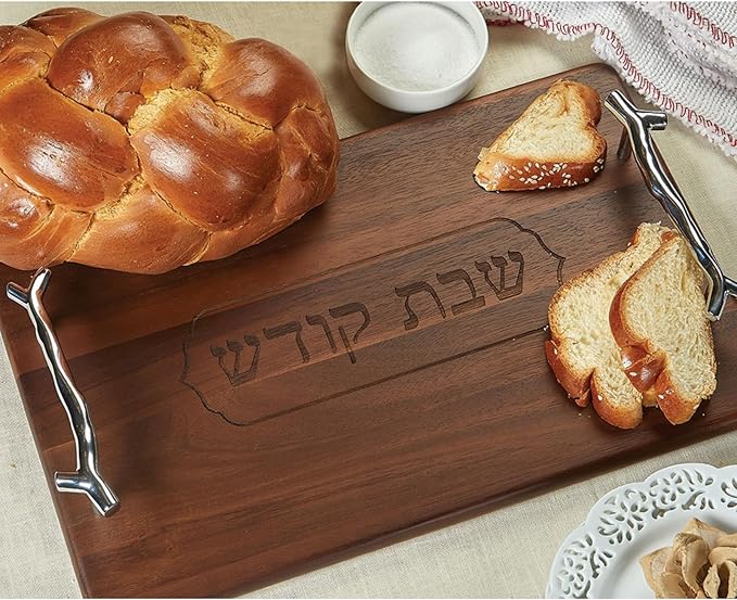 RITE LITE Acacia Wood Challah Serving Tray – 16x10, Elegant Design with Silver Handles, Perfect for Shabbat, Holidays, and Dinner Parties, Includes Clear Storage Box