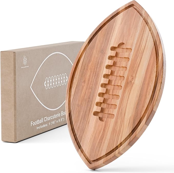 Football Shaped Cutting Board – Acacia Wood Charcuterie Tray – Wooden Football Serving Platter for Super Bowl Parties, Tailgate Hosting & Gifts