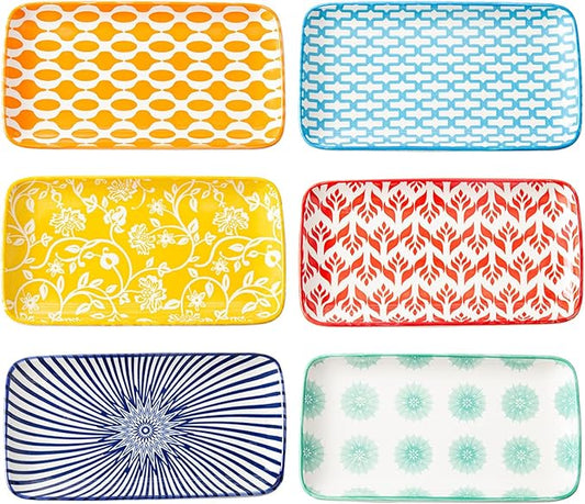 Ceramic Rectangle Salad Plates Set - 8.1" x 4.5" Rectangular Serving Platter - Serving Trays for Sushi Dinner Dessert Pasta Appetizer - Microwave Dishwasher Safe - Set of 6 - Assorted Colors