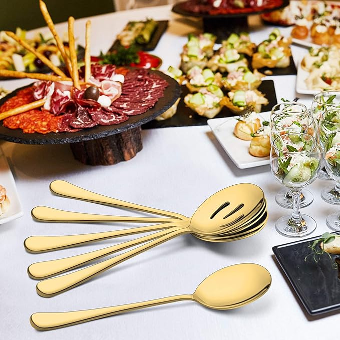 LIANYU 6 Pack Gold Serving Spoons and Forks Set, 8 3/4 Inch Stainless Steel Buffet Catering Party Banquet Serving Spoon Fork Set, Dishwasher Safe