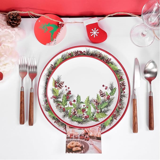 12-Piece Christmas Melamine Dinnerware Sets,Holiday Dishes Set For 4, Lightweight & Stackable for Home&Party plates,Plate and Bowl Sets Ideal for for Indoor Outdoor Use -Christmas Garland