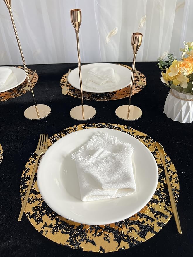 Disposable Black and Gold Placemats Set of 100 Metallic Thin Round 13 Inch Gold Doilies Mesh Pressed Fall Table Placemates 100 Pack Charger Plates for Wedding, Birthday Party