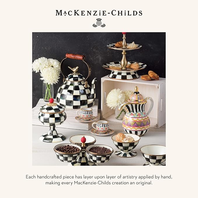 MACKENZIE-CHILDS Enamel Lidded Sugar Bowl, Small Serving Bowl with Lid, 10-Ounce Capacity, Black-and-White Courtly Check