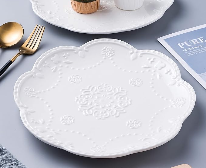 Jusalpha Embossed Lace Porcelain Plate-Dinner Plate Set, Pasta/Salad/Dessert Plate， Tableware Set for Restaurant Family Party Kitchen Use -4 Pieces, FD-PL15 (10 Inche, White)
