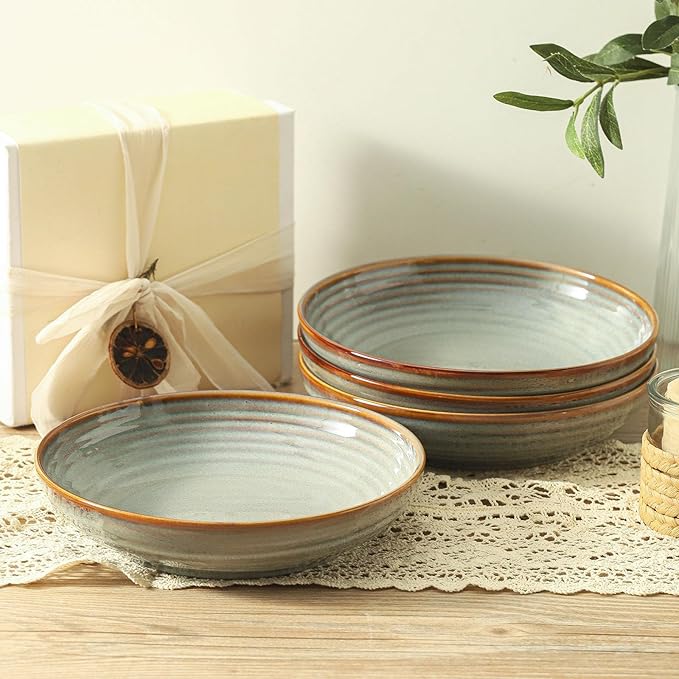 HASENSE Pasta Bowls Set of 4, 32 Ounce Ceramic Serving Bowls for Kitchen, 8.7 Inch Shallow Serving Dishes for Salad, Pasta, Soup, Dishwasher & Microwave Safe, Light Grey