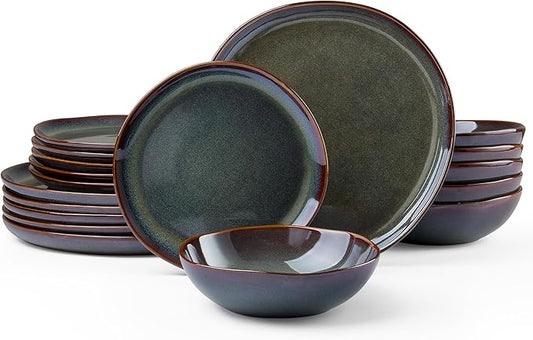 HaWare Plates and Bowls Set, Stoneware Dinnerware Sets, 18-Piece Hand-painted Dish Set for 6, Ceramic Dishware for Home Kitchen, Scratch Resistant, Microwave and Dishwasher Safe, Reactive Moss Green